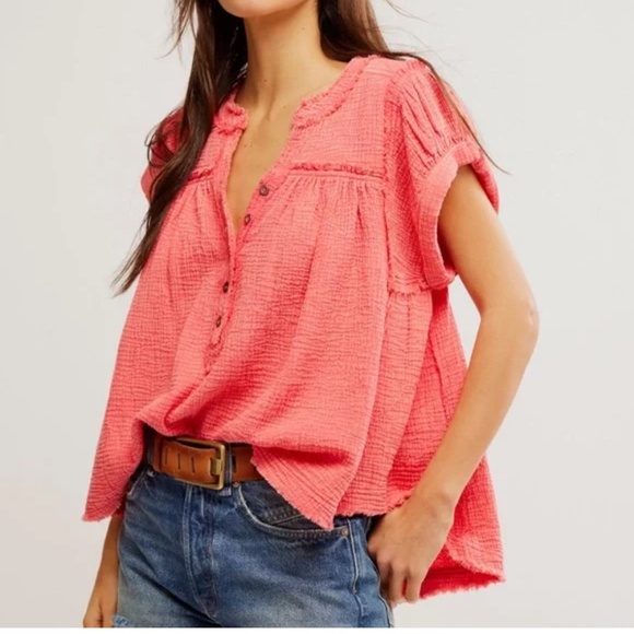 Free People Womans pink  Horizons double cloth top size Medium - Picture 1 of 3